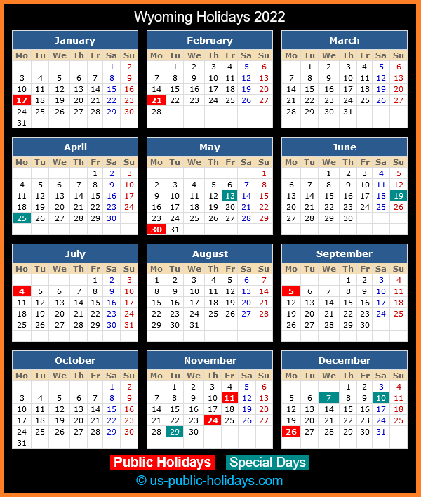 Wyoming Holiday Calendar 2022