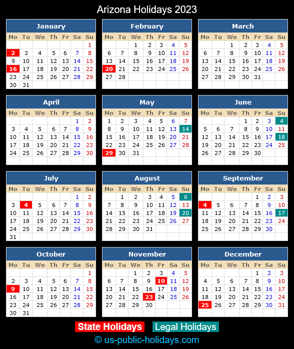 Arizona Holiday Calendar 2023