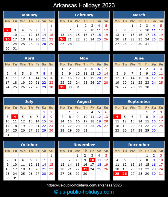 Arkansas State Holidays 2023 Calendar