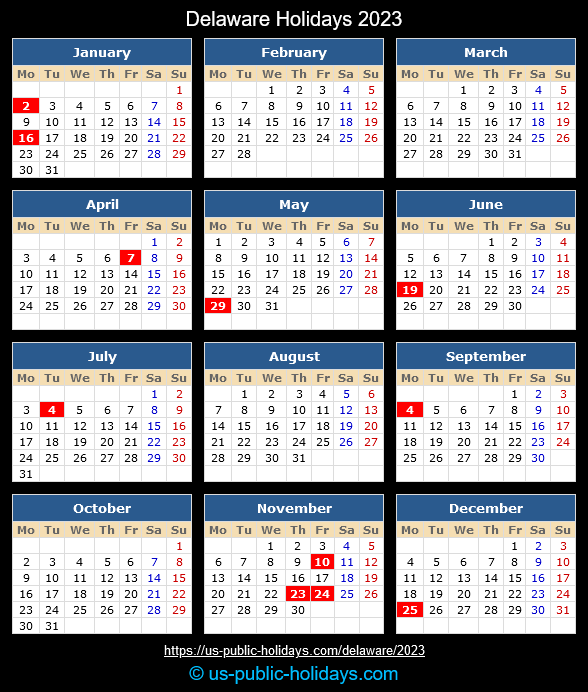 Delaware State Holidays 2023 Calendar