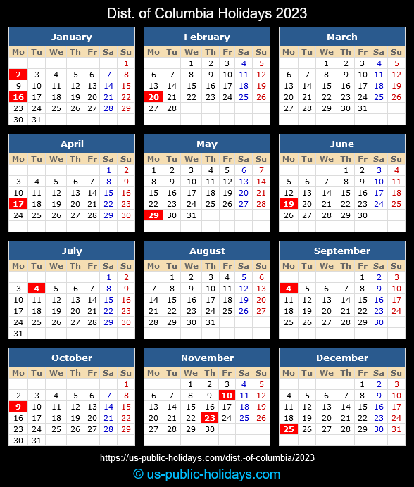 District of Columbia Holidays 2023 Calendar