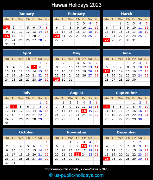 Hawaii State Holidays 2023 Calendar