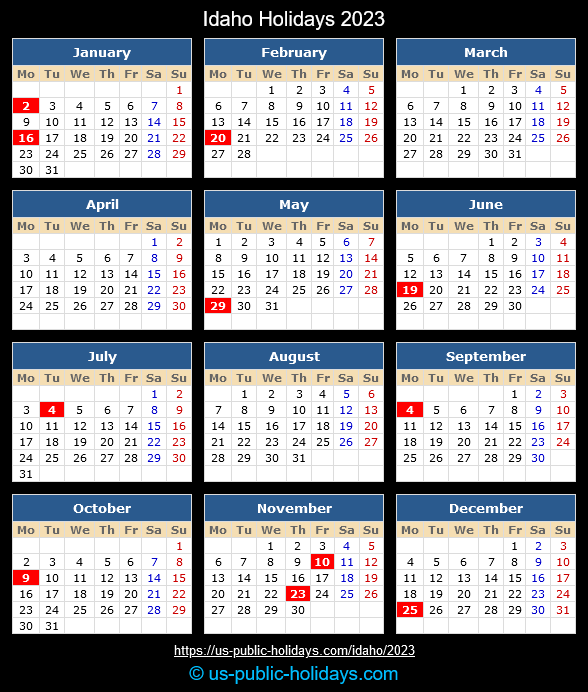 Idaho State Holidays 2023 Calendar