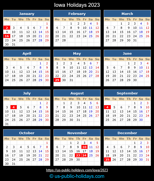 Iowa State Holidays 2023 Calendar