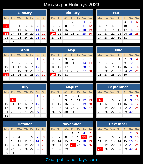Mississippi Holiday Calendar 2023