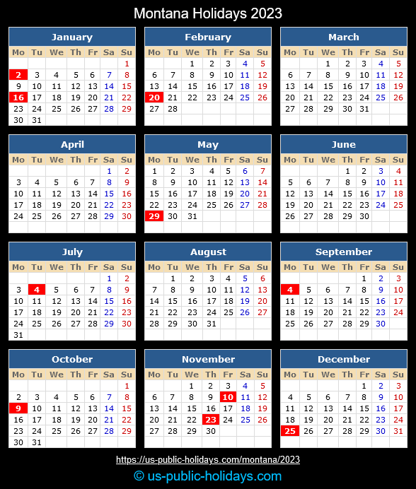 Montana State Holidays 2023 Calendar