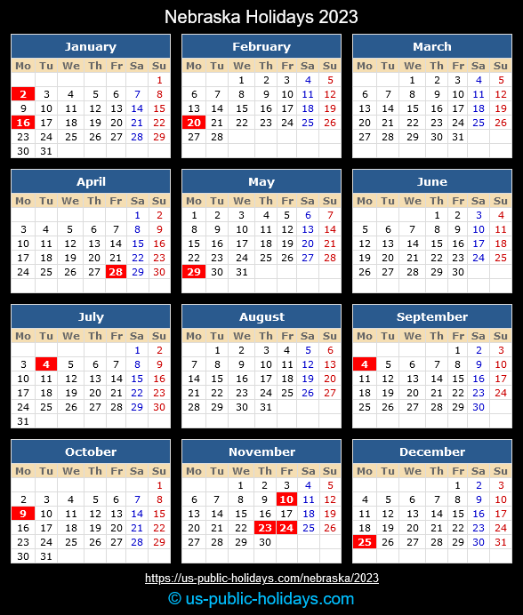 Nebraska State Holidays 2023 Calendar