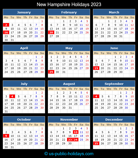 New Hampshire Holiday Calendar 2023