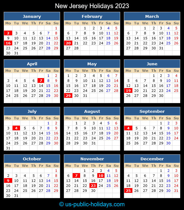New Jersey Holiday Calendar 2023