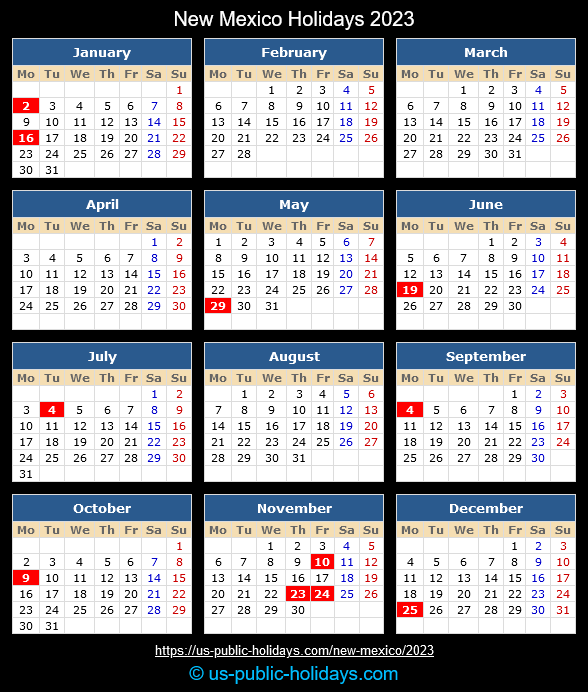 New Mexico State Holidays 2023 Calendar