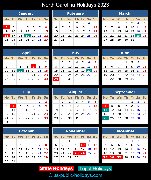 North Carolina Holiday Calendar 2023