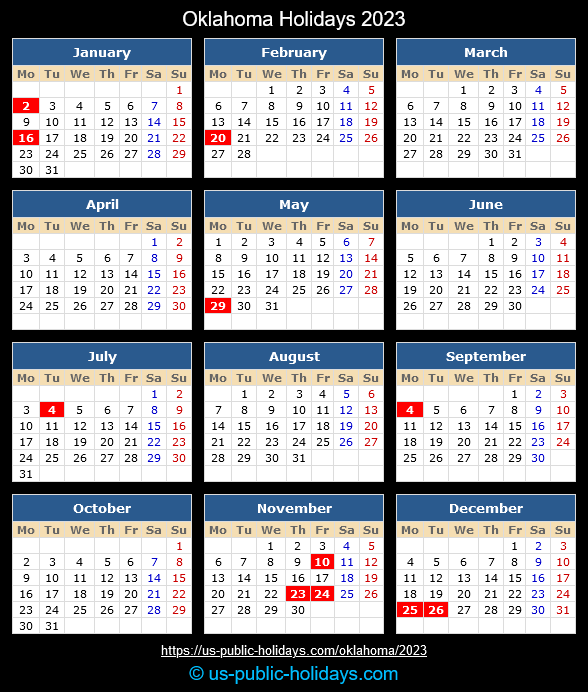 Oklahoma State Holidays 2023 Calendar