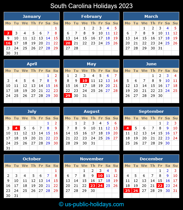 South Carolina Holiday Calendar 2023
