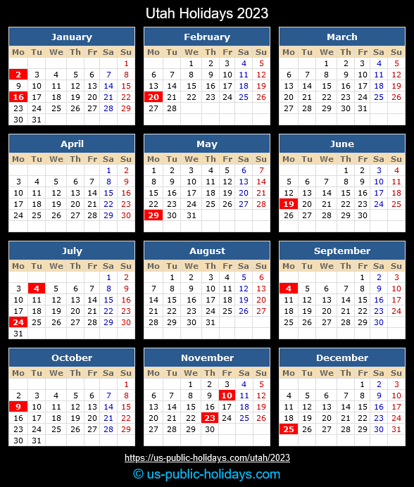 Utah State Holidays 2023 Calendar