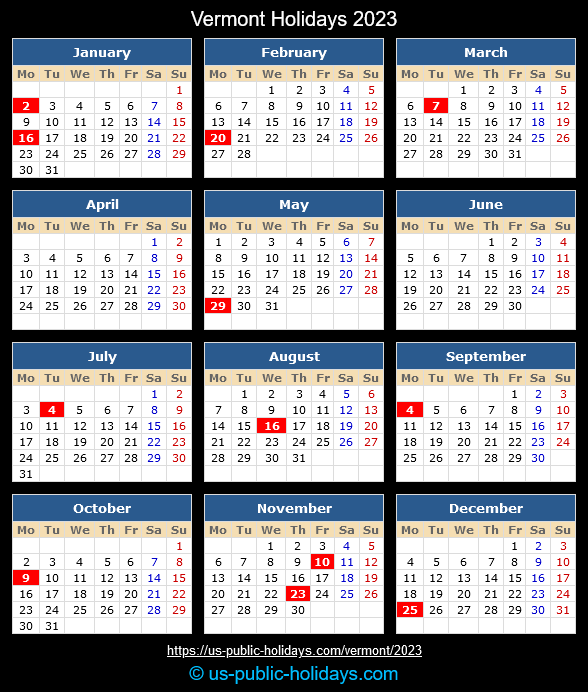 Vermont State Holidays 2023 Calendar