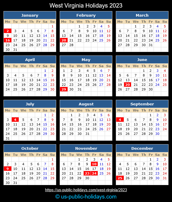 West Virginia State Holidays 2023 Calendar