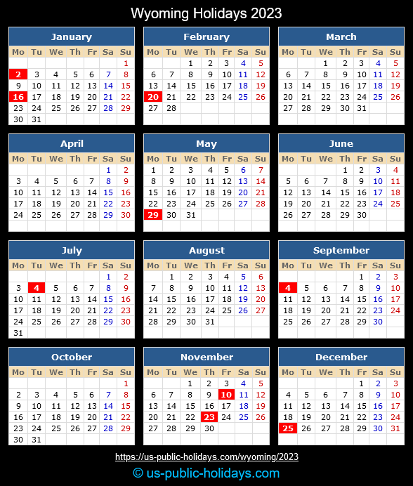 Wyoming State Holidays 2023 Calendar