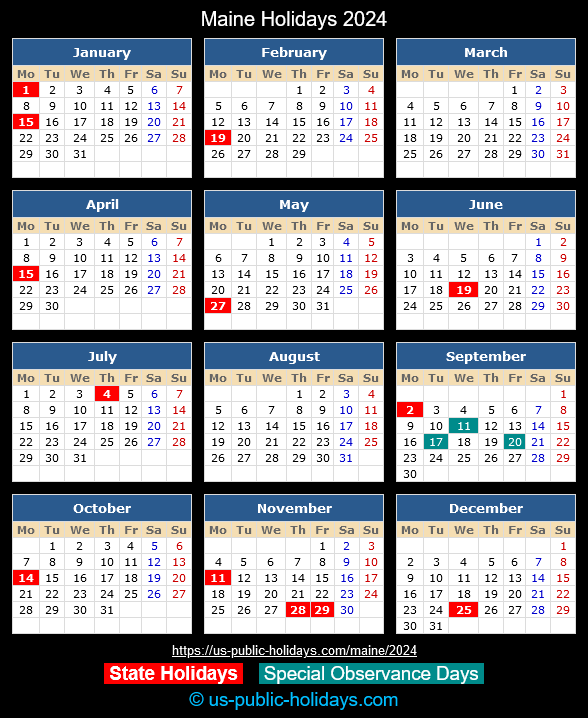 Maine State Holidays 2024 Calendar