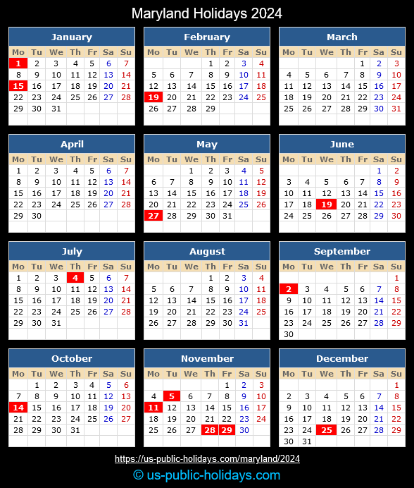 Maryland Holidays 2024 Calendar