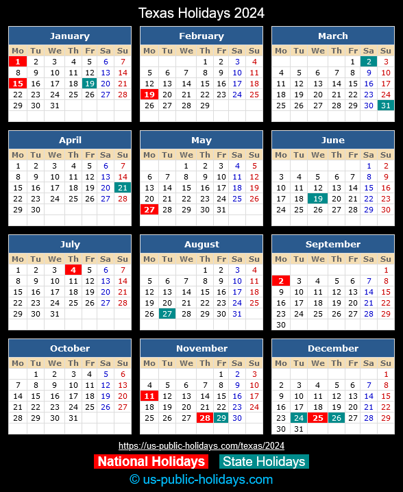 Texas Public Holidays 2024 Calendar