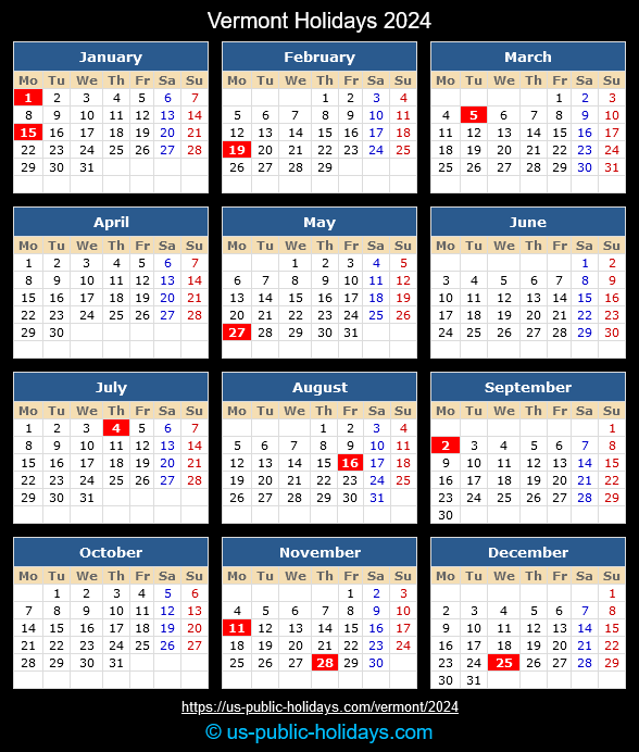 Vermont State Holidays 2024 Calendar