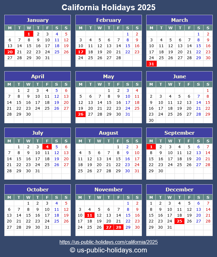 California Holiday Calendar 2025